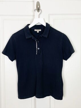 Burberry London Black Pique Knit Cropped Polo Shirt Plaid Trim Sz M